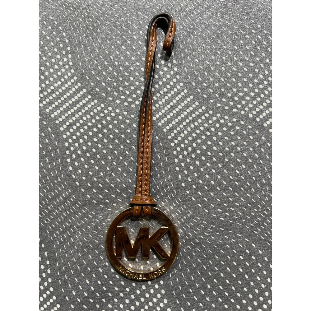 Michael Kors MK Gold Logo Handbag Charm Brown Leather Strap Bag Accessory